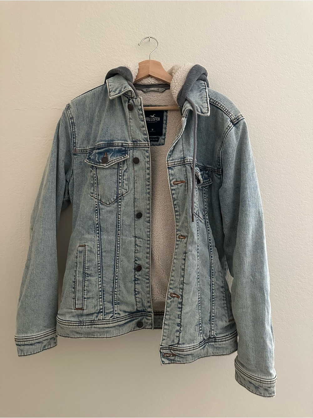 Hollister Light Wash Denim Jacket with Gray Sherpa Hood
